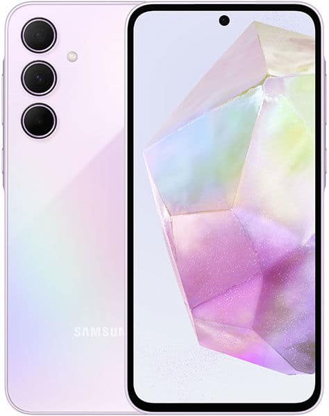 Samsung Galaxy A35 front and rear view, lavender finish with triple rear cameras and display showing colorful gradient design