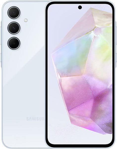 Samsung Galaxy A35 front and rear view, light blue, showing triple rear camera setup and colorful gradient display wallpaper