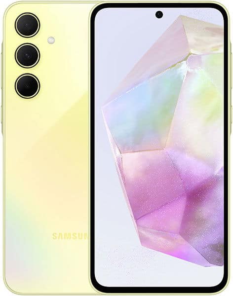 Samsung Galaxy A35 front and rear view, yellow gradient finish with triple rear camera setup and center punch-hole display