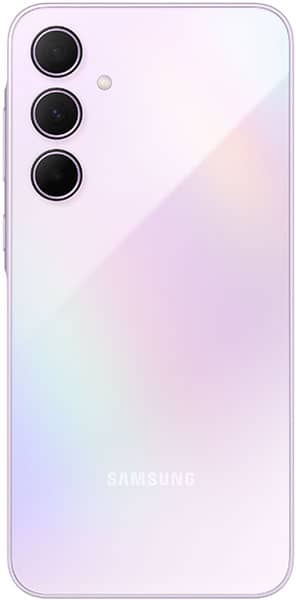 Samsung Galaxy A35 rear view showing three camera lenses and gradient purple-to-white back panel