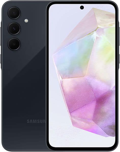 Samsung Galaxy A35 front and rear view, dark gray, triple rear camera, and illuminated display with colorful gradient wallpaper