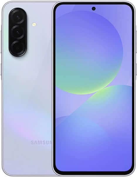 Samsung Galaxy A36 front and rear view, light purple finish, dual rear cameras, display with gradient wallpaper
