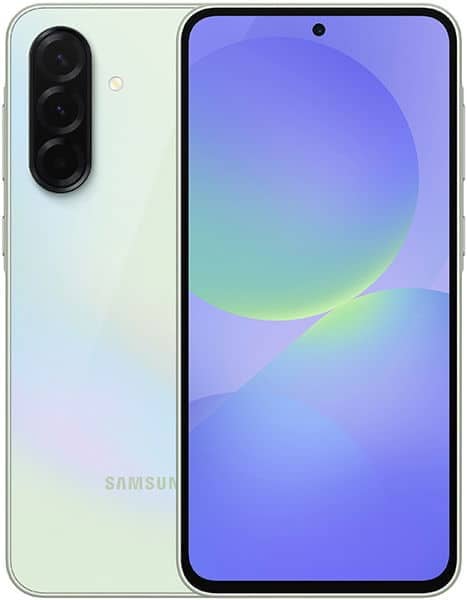 Samsung Galaxy A36 front and rear view, light green finish, dual rear cameras, display showing colorful gradient wallpaper