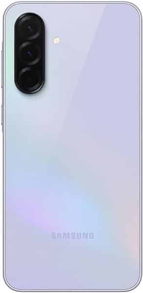 Samsung Galaxy A36 rear view, showing dual camera lens and light purple gradient back panel