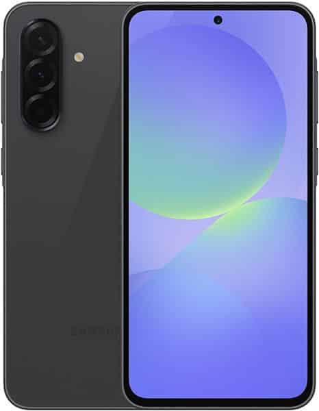 Samsung Galaxy A36 front view, black phone with dual rear cameras and blue gradient display screen