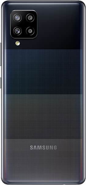 Samsung Galaxy A42 rear view, showing quad camera setup and dark gradient back panel with textured finish