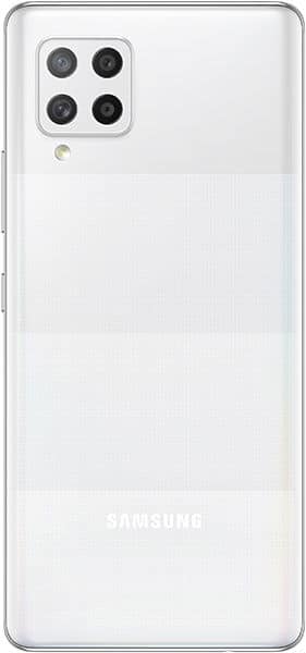 Samsung Galaxy A42 rear view, white, showing quad camera setup and Samsung branding