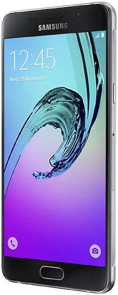 Samsung Galaxy A5 (2016) front view with blue-to-purple gradient display showing lock screen and time 12:45