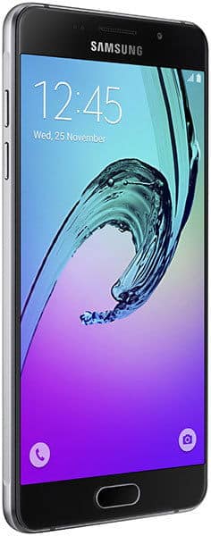 Samsung Galaxy A5 (2016) front view with display showing lock screen, time 12:45, and colorful gradient wallpaper