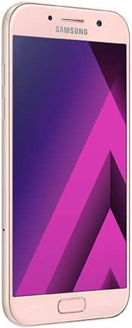 Samsung Galaxy A5 (2017) front view with pink casing and purple geometric display wallpaper