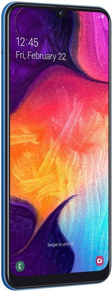 Samsung Galaxy A50 front view with colorful gradient display showing time and date