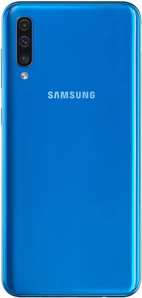 Samsung Galaxy A50 rear view, blue, showing triple camera setup and Samsung branding