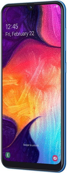 Samsung Galaxy A50 front view displaying colorful gradient wallpaper with time and date on screen