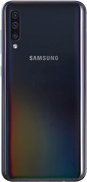 Samsung Galaxy A50 rear view showing triple camera setup and gradient black-to-teal finish