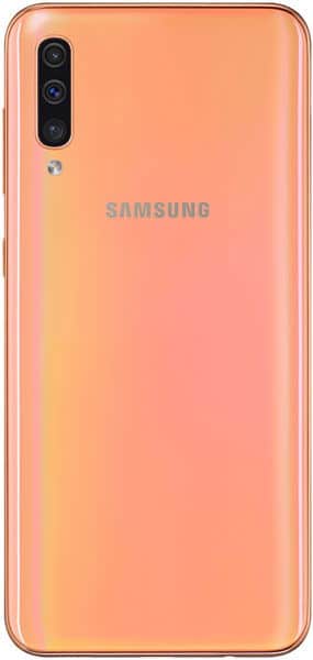 Samsung Galaxy A50 rear view, coral gradient finish with triple rear camera array and Samsung logo