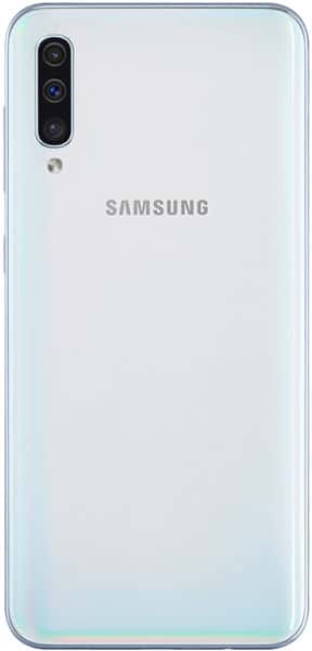 Samsung Galaxy A50 rear view, white with gradient blue at bottom, triple camera lens visible at top left