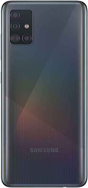 Samsung Galaxy A51 rear view, showing quad camera setup and dark gradient back panel