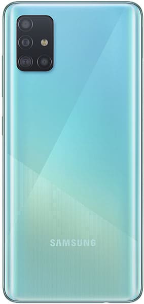 Samsung Galaxy A51 rear view, light blue finish with quad camera array and Samsung logo visible