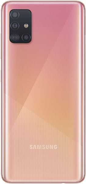 Samsung Galaxy A51 rear view, pink gradient back with quad camera module in top left corner