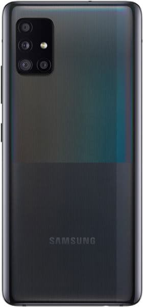 Samsung Galaxy A51 5G rear view showing quad camera setup and gradient blue-to-black finish
