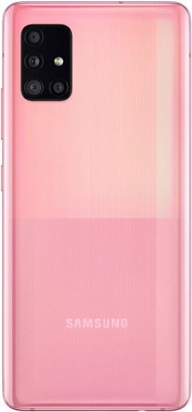 Samsung Galaxy A51 5G rear view in pink, showing quad camera setup and Samsung branding