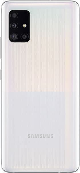 Samsung Galaxy A51 5G rear view, white finish with quad camera module and Samsung branding visible