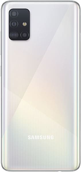 Samsung Galaxy A51 rear view, white, showing quad camera array and Samsung branding on back panel