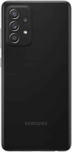 Samsung Galaxy A52 rear view showing black back panel and triple camera setup in upper left corner