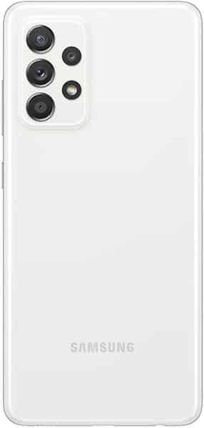 Samsung Galaxy A52 rear view, white, showing multiple camera lenses and Samsung branding