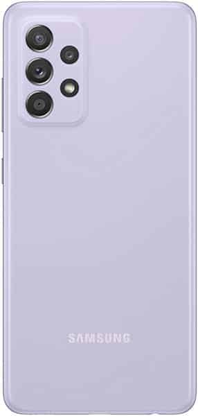 Samsung Galaxy A52 rear view in lavender, showing multiple camera lenses and Samsung branding on back