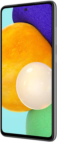 Samsung Galaxy A52 front view with screen displaying colorful geometric shapes in blue, yellow, white, and green