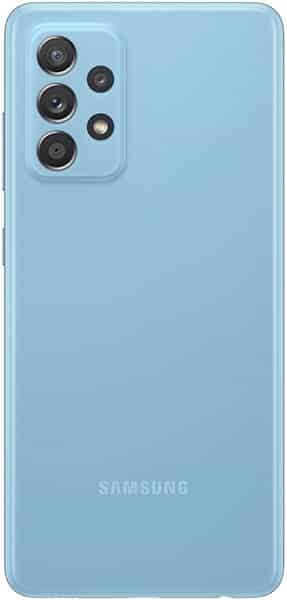 Samsung Galaxy A52 rear view in light blue, showing multiple camera lenses and Samsung branding