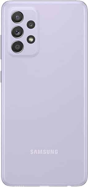Rear view of lavender Samsung Galaxy A52s showing four rear cameras, flash in top left, and centered Samsung logo below.