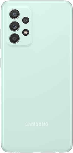 Rear view of light green Samsung Galaxy A52s showing four cameras and flash in upper-left module; Samsung logo at bottom.