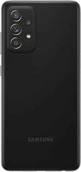 Rear view of black Samsung Galaxy A52s showing quad-lens camera with flash in upper left; Samsung logo at lower center.