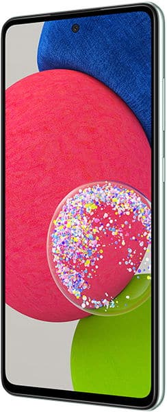 Front view of Samsung Galaxy A52s showing nearly bezel-less display with colorful abstract wallpaper and magnified detail section.