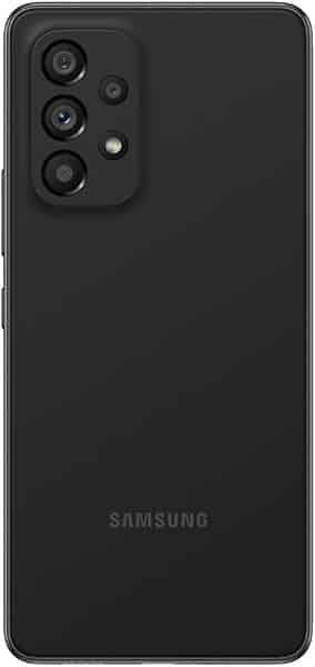 Samsung Galaxy A53 5G rear view showing black body with quad camera array and Samsung logo