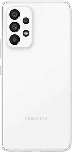 Samsung Galaxy A53 5G rear view, white, showing vertical camera array with four lenses on left side