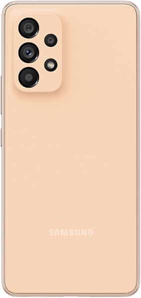 Samsung Galaxy A53 5G rear view in peach color, showing rectangular camera module with multiple lenses arranged vertically