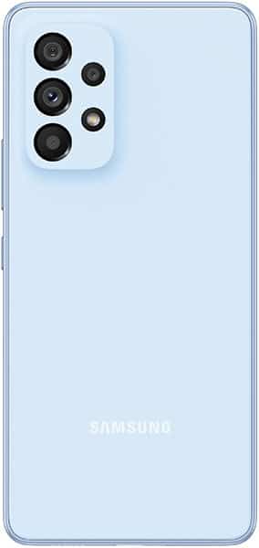 Samsung Galaxy A53 5G rear view, light blue, with camera module showing multiple lenses on upper left