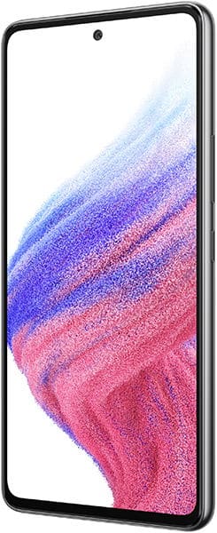 Samsung Galaxy A53 5G front view with screen displaying blue, purple, and pink gradient wallpaper