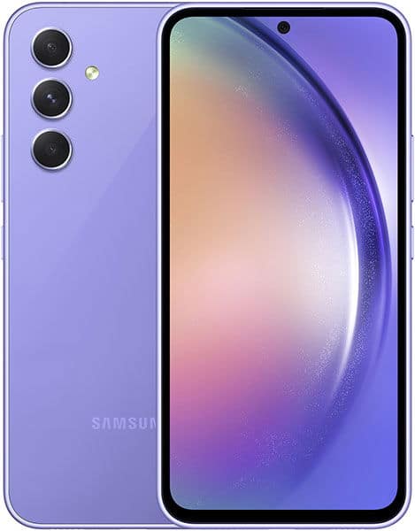 Samsung Galaxy A54 in purple, front view showing display with gradient wallpaper and rear triple camera setup