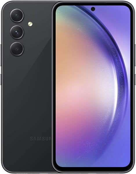 Samsung Galaxy A54 front view showing black device with triple rear camera setup and purple gradient display wallpaper