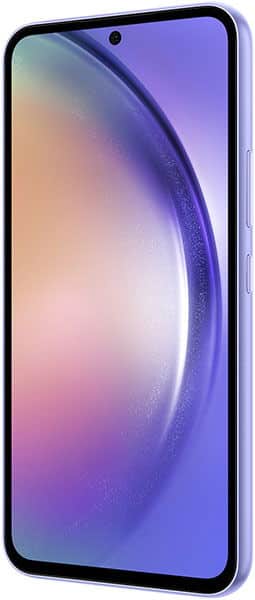 Samsung Galaxy A54, front view, with purple and pink gradient display showing curved design elements and center punch-hole camera