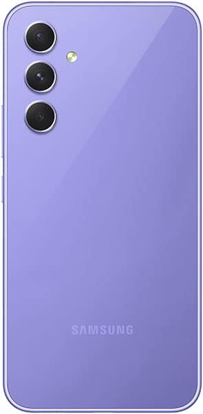 Samsung Galaxy A54 rear view in purple, showing triple camera setup and Samsung branding