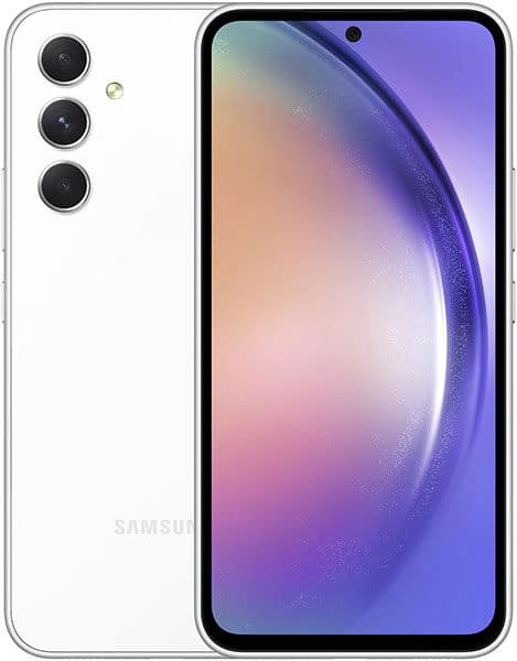 Samsung Galaxy A54 front view with white back, triple rear camera, and gradient purple-to-pink display showing curved design element