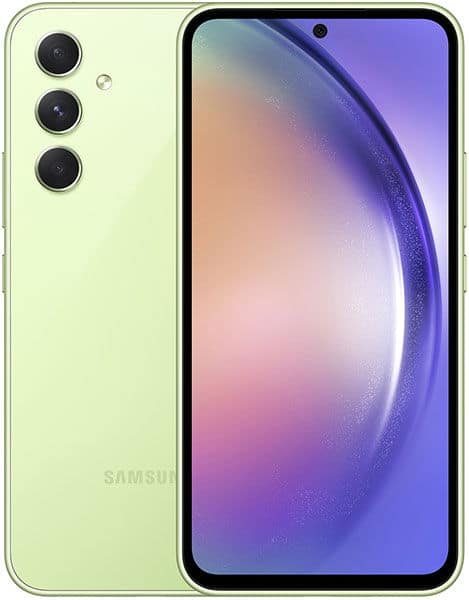 Samsung Galaxy A54, front and back view, in light green with triple rear camera setup and purple-gradient display