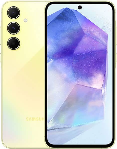 Samsung Galaxy A55 front and rear view, yellow finish, with triple rear camera and display showing colorful abstract imagery