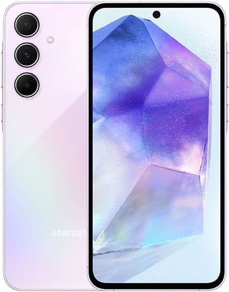 Samsung Galaxy A55 front and rear view showing lavender gradient back with triple camera setup and display screen with abstract blue-purple geometric wallpaper