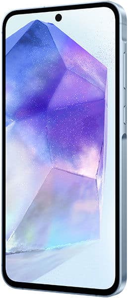 Samsung Galaxy A55 front view with blue and purple geometric wallpaper on display screen